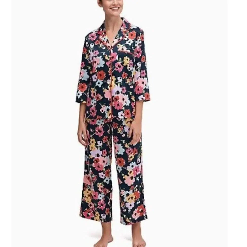 Kate Spade Floral Pajama Set Womens Medium Navy Pink Colorful Lounge 2-Piece PJs